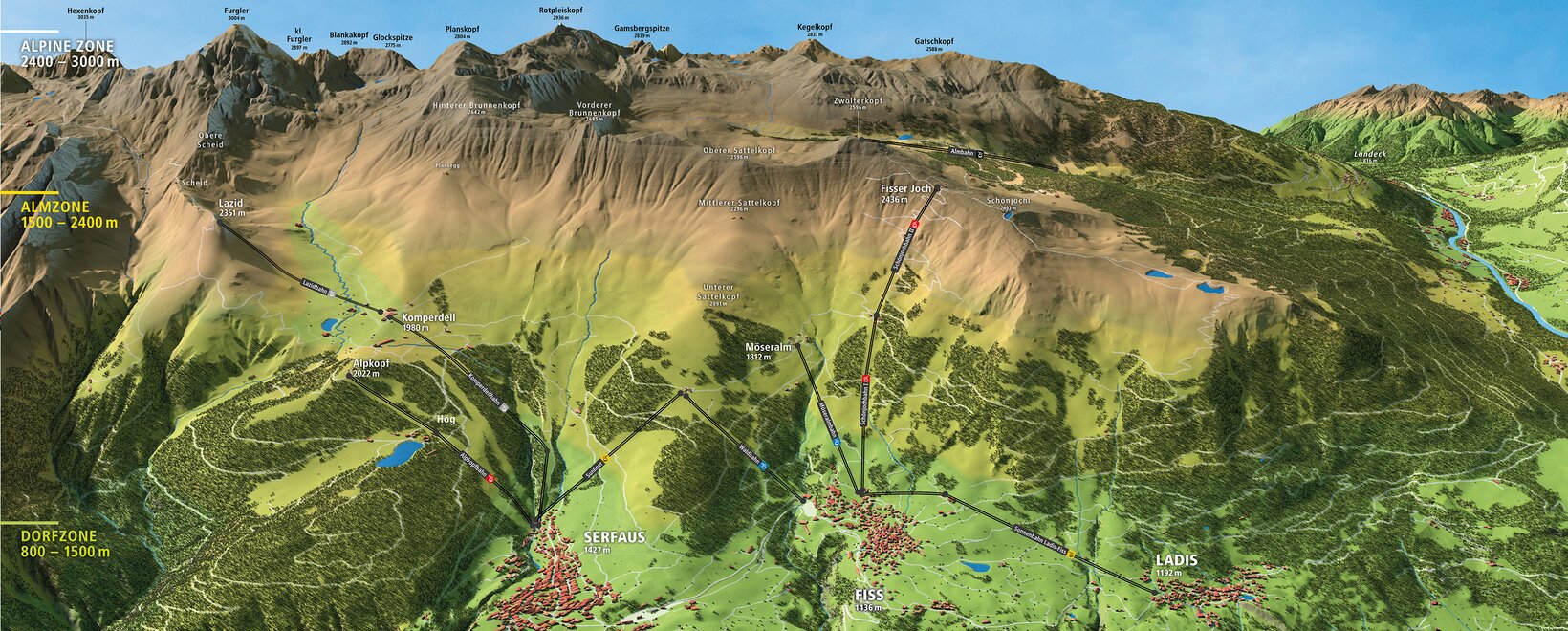 Detailed 3D map featuring lifts and hiking trails in Serfaus-Fiss-Ladis.