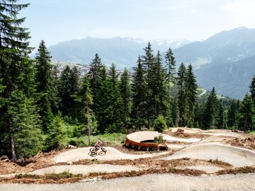 Biker on a trail in the forest with alpine view.