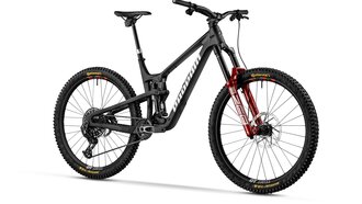 Ein sportliches Mountainbike mit rot lackierter Gabel und breiten Reifen.