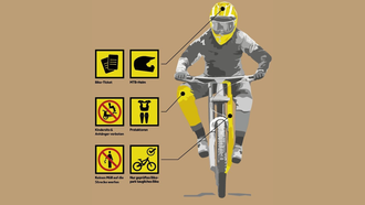 Ein Mountainbiker mit Warnhinweisen und Sicherheitsvorschriften.