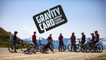 Mountain bikers gather in the Alps with mountain views.